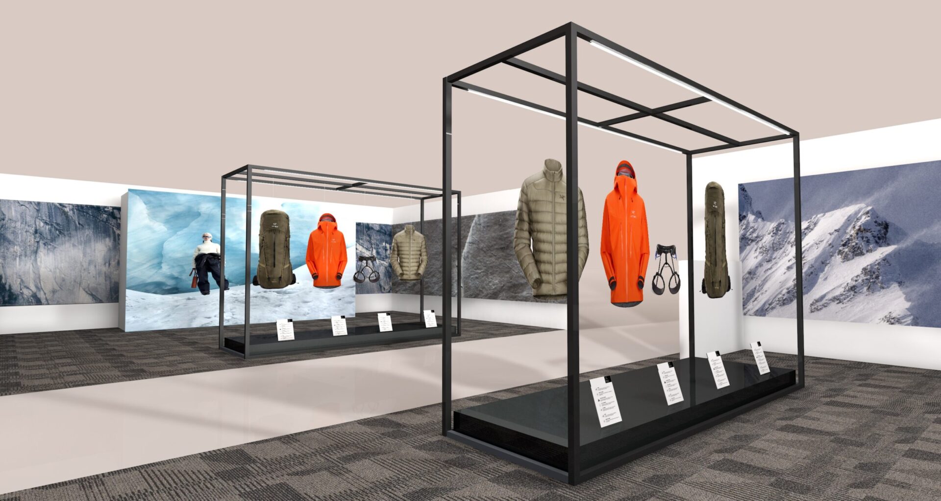 Digital render of Arc'teryx trade show booth with glass product showcase
