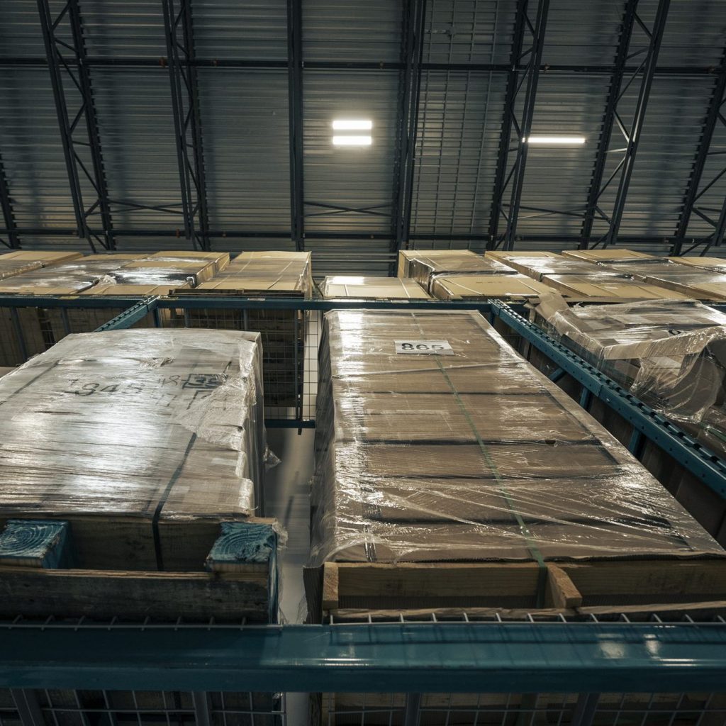 Warehouse boxes storing booth materials