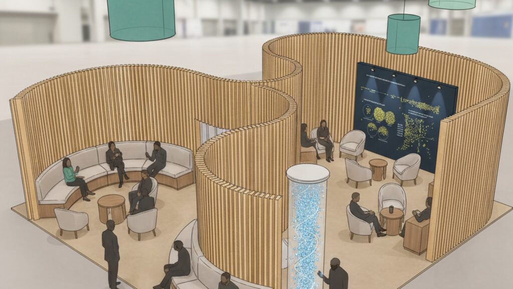 Dentalcorp modular trade show booth concept with curved wood-slat walls lounge zone data wall and central engagement feature